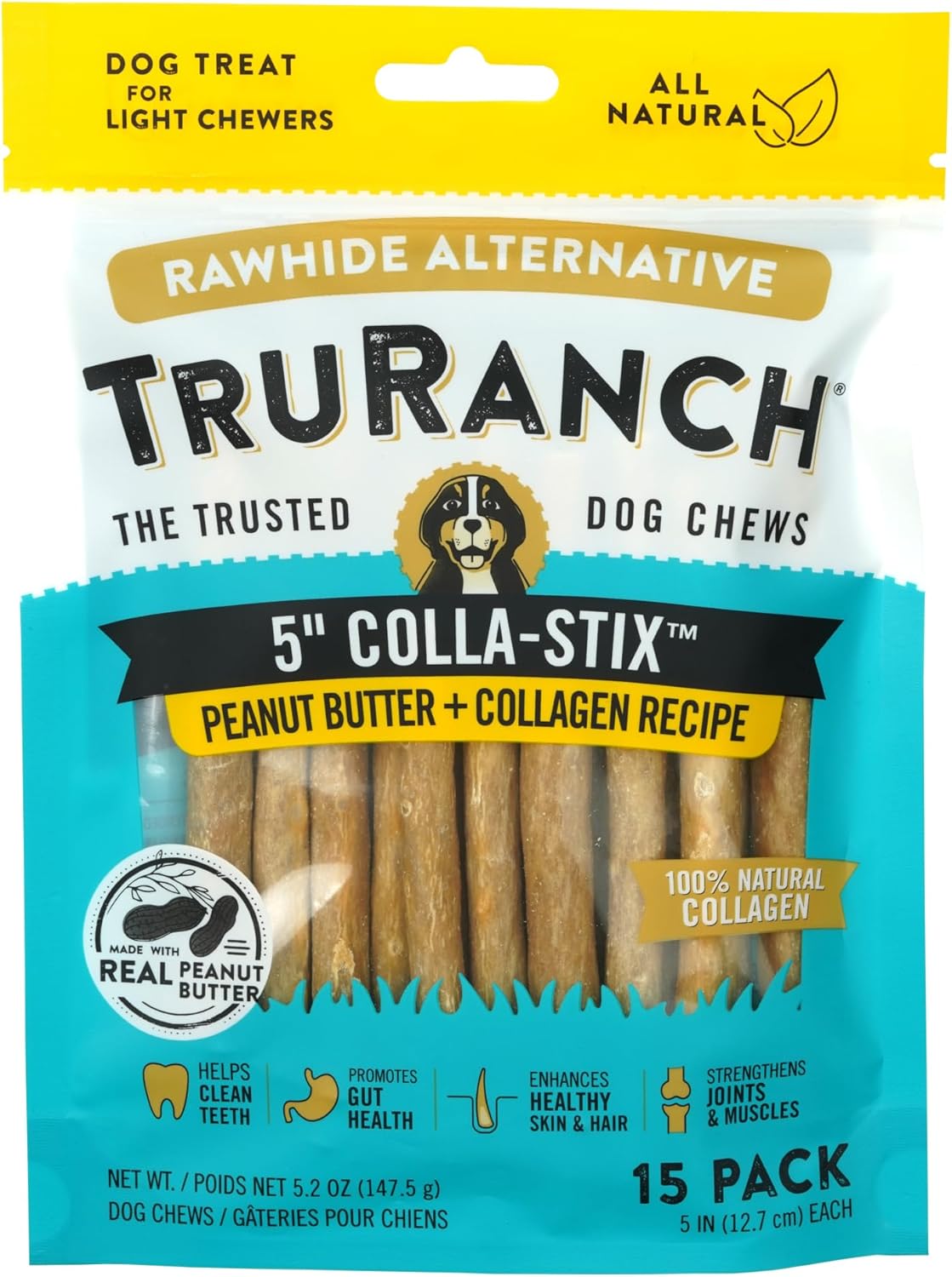 TRURANCH Collagen Sticks - 5" Collagen Sticks for Dogs - Long Lasting Healthy Joint Support Dog Treat - Rawhide Alternative - Skin & Coat Health - Made with Real Peanut Butter, 1 Bag, 15 Count