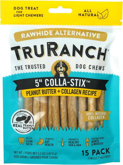 TRURANCH Collagen Sticks - 5" Collagen Sticks for Dogs - Long Lasting Healthy Joint Support Dog Treat - Rawhide Alternative - Skin & Coat Health - Made with Real Peanut Butter, 1 Bag, 15 Count