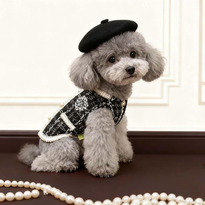 Luxury Dog Clothes Tweed Suits and Beret Hat,Black Winter Warm Pet Coat Vintage Jacket Vest,Cat Artist Costume Cosplay Party Outfits for Small Medium Dogs,XL