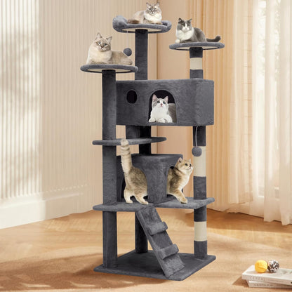 Athena Collection Modern Cat Tree Tower, 54 Inch Tall Cat Tree Climbing Tower with Scratching Post 2 Condo Multi-Level Activity Center and Playing Ball for Indoor Large Adult, Grey