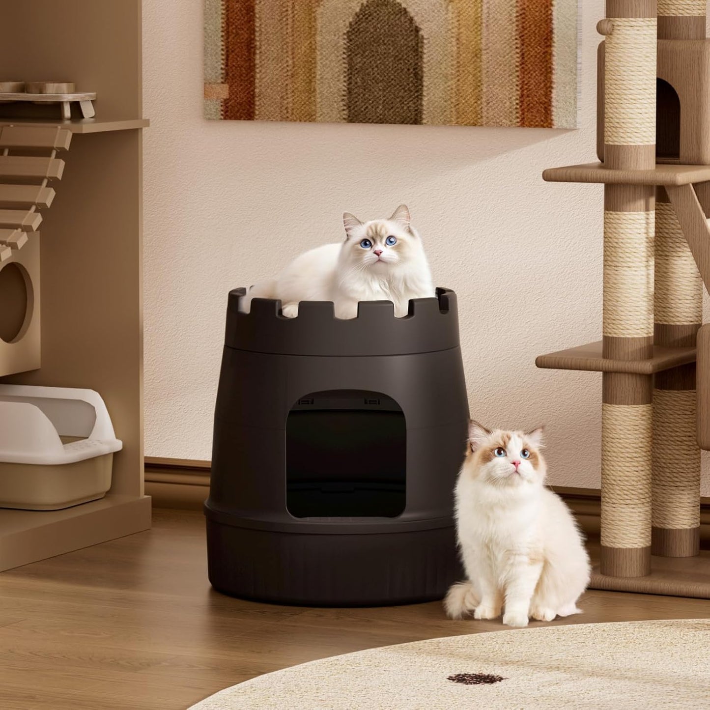 Lifewit Castle Cat House with Scratching Board, Large Cat Bed Cave Indoor, Cat Hideaway for Living Room, Bedroom, Corner, Black