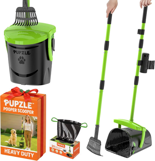 Pupzle Dog Pooper Scooper with Bag Attachment, 40" Long Handle Pooper Scooper for Large Dogs, Dog Poop Scoop for Yard, Large Capacity Swivel Bin and Rake, Lavender Scented Bags (Green)