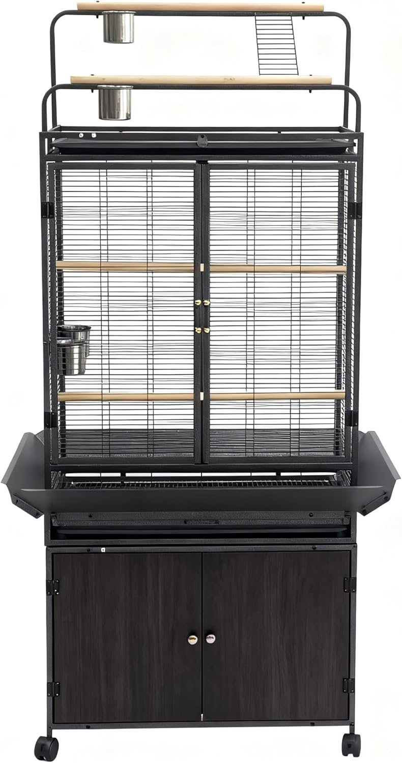 Garvee 71" H Rolling Bird Cage,Large Rolling Birdcage with Top Stand & Storage Cabinet,Black Walnut Wood Parakeet Cage for Macaw Parrot Cockatiel Budgie