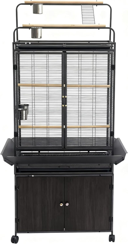 Garvee 71" H Rolling Bird Cage,Large Rolling Birdcage with Top Stand & Storage Cabinet,Black Walnut Wood Parakeet Cage for Macaw Parrot Cockatiel Budgie