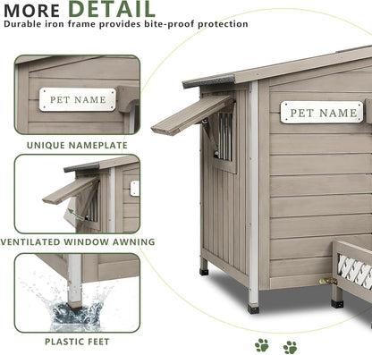 Weatherproof Dog House Outdoor Wooden Chew-Proof Iron Frame, Removable Floor and Adjustable Window for Small Medium Some Large Dogs(Gray, 40" L x 40" W x 35" H)