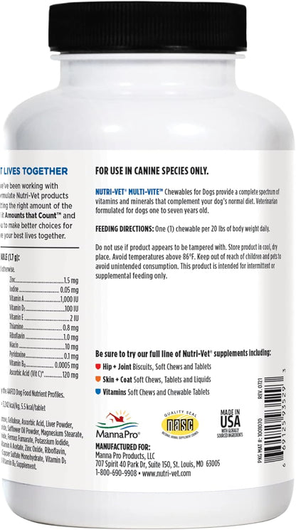 Nutri-Vet Multi-Vite Chewables for Adult Dogs, Daily Multivitamin & Mineral Supplement for Overall Health, Immune Support, and Balanced Nutrition, 180 Count
