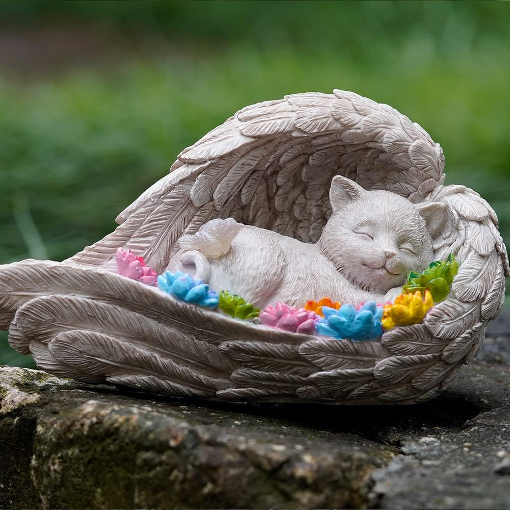 Cat Memorial Stone,Solar Angel Cat Statue Figurine - Pet Memorial Stone for Garden or Tombstone Commemoration (cat)