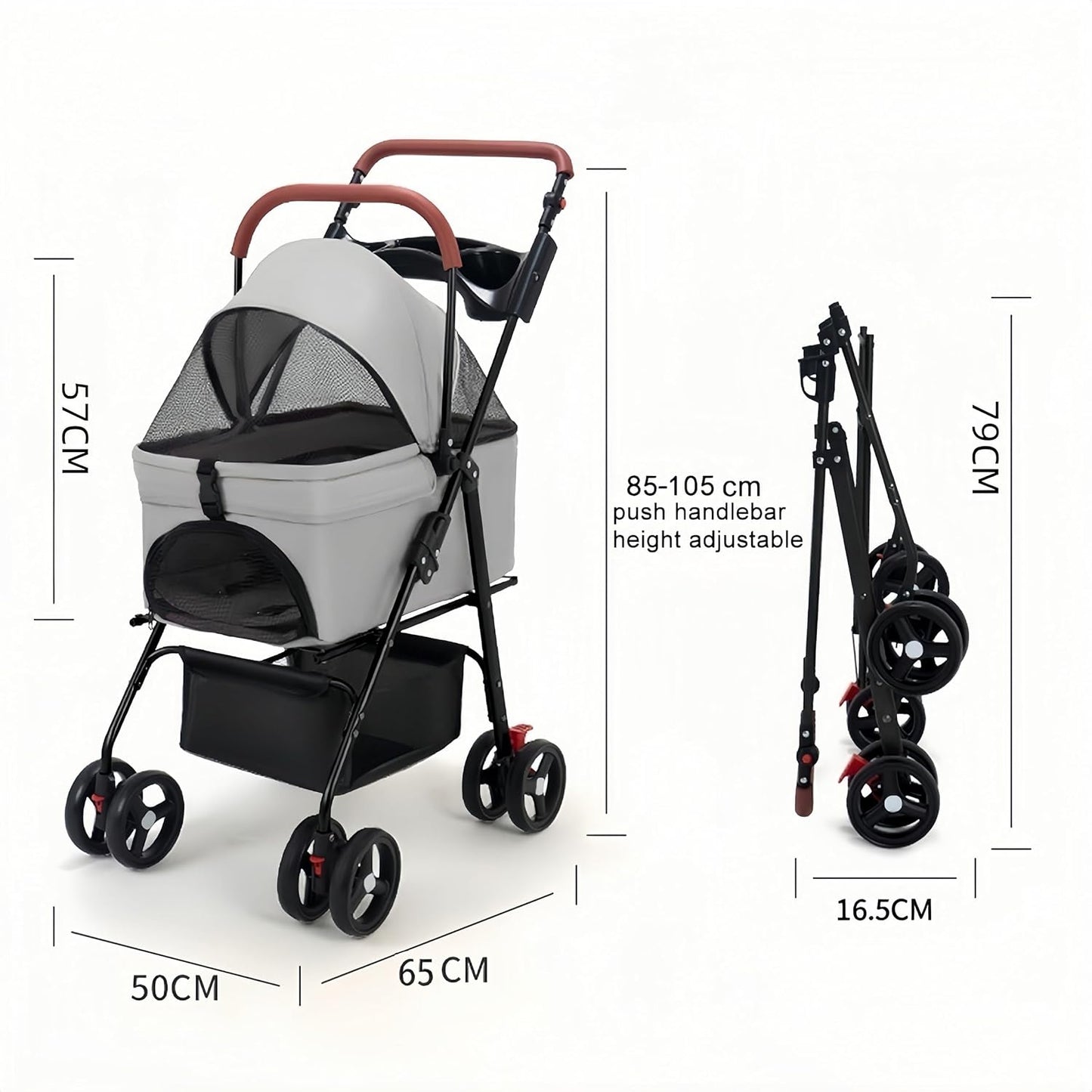Pet Stroller-Folding 4 Wheels Cat/Dog Stroller for Medium Small Pets with Storage Basket and Cup Holder Suitable for Going Out and Traveling (Grey)