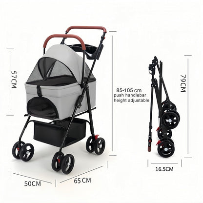 Pet Stroller-Folding 4 Wheels Cat/Dog Stroller for Medium Small Pets with Storage Basket and Cup Holder Suitable for Going Out and Traveling (Grey)