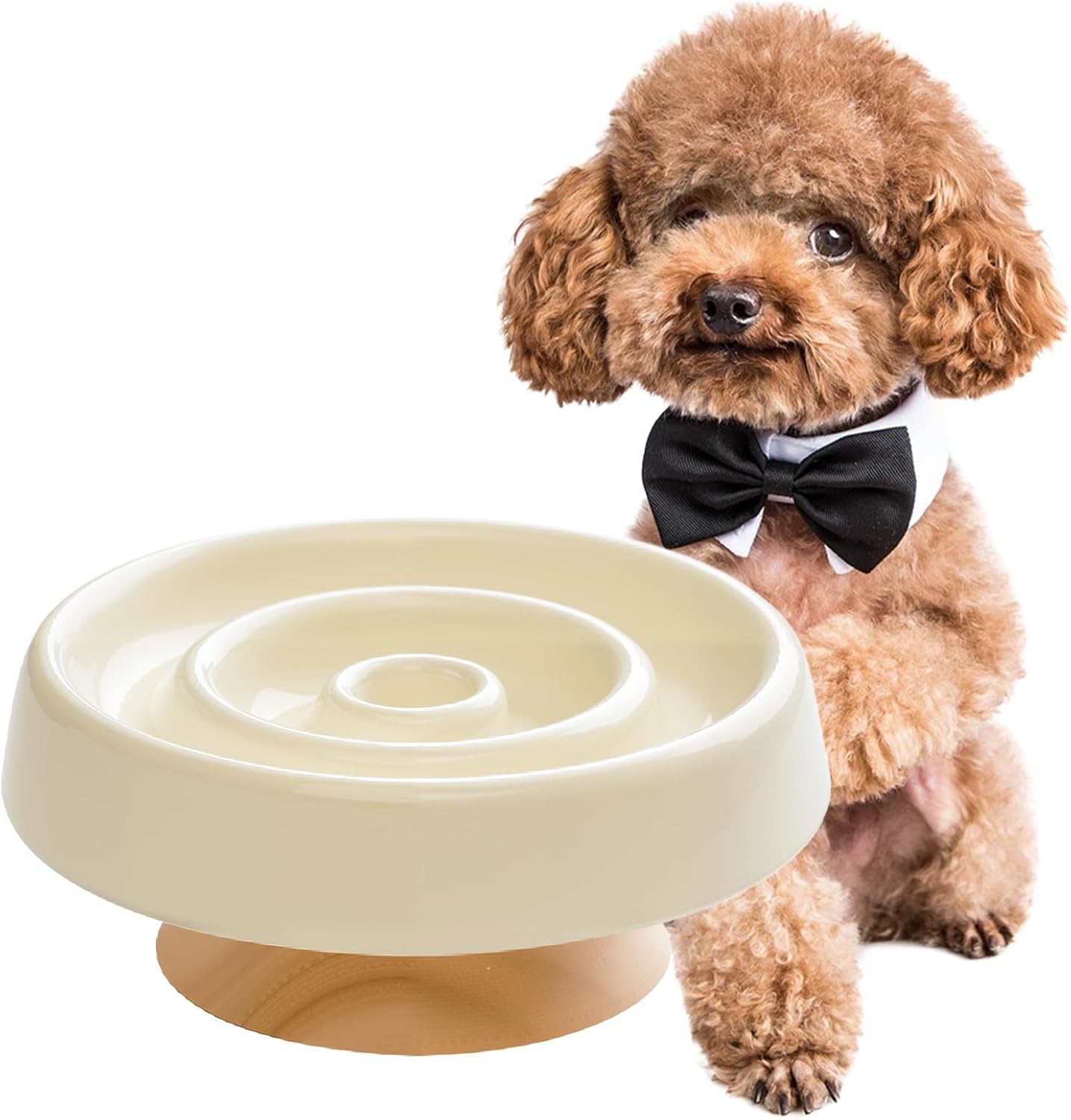 Ceramic Slow Feeder Dog Bowls Food and Water,Anti-Slip Concave and Convex Elevated Wooden Seat,Puzzle Lick Mat Feeder for Small Medium Large Breed Dog and Cat Essentials