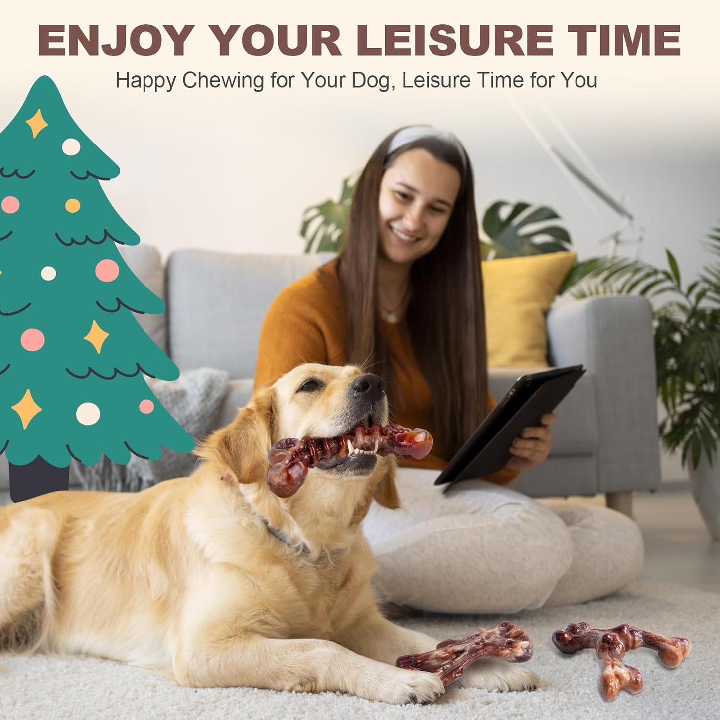 Dog Toys for Aggressive Chewers - 3 Pack Bacon Flavored Indestructible Dog Toy, Big Tough Chew Bone for Medium Large Breed 25-80lbs to Keep Them Busy, Holiday Dog Gift (Brown)