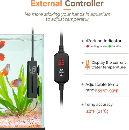 hygger Mini Fish Tank Submersible Heater 50W for 5-10 Gallons Small Betta Aquarium Heater with Digital Display Controller Adjustable Temperature