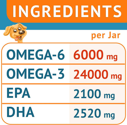 Omega 3 Fish Oil for Dogs (180 Ct) - Skin & Coat Chews - Dry & Itchy Skin Relief + Allergy Support - Shiny Coats - EPA&DHA Fatty Acids - Natural Salmon Oil Chews Promotes Heart, Hip & Joint Support
