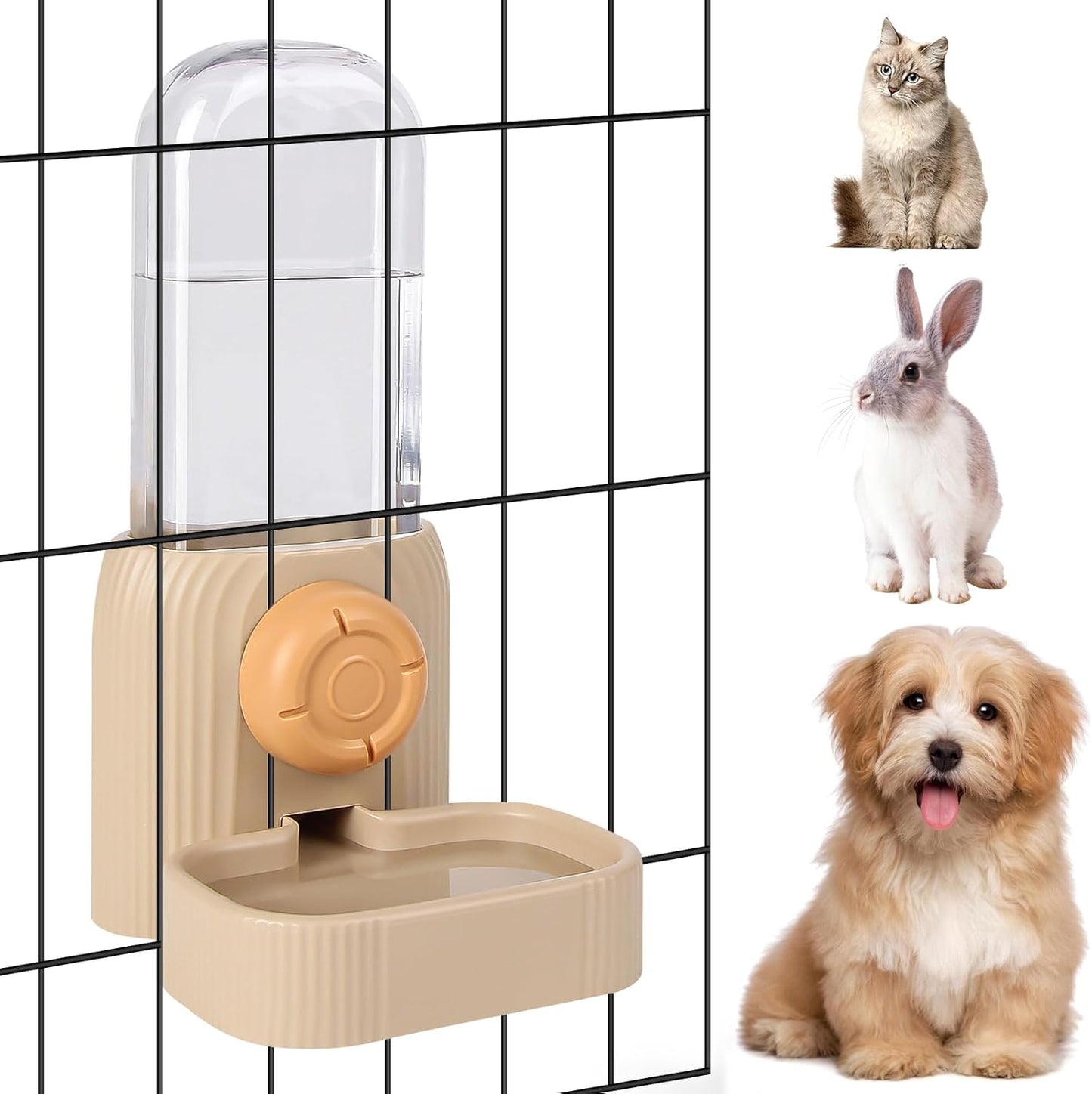 20oz Rabbit Water Dispenser, Small Animal Water Bottle No Drip for Guinea Pig, Rabbit, Gravity Cage Pet Water Dispenser for Cats Puppy Ferret (Khaki)