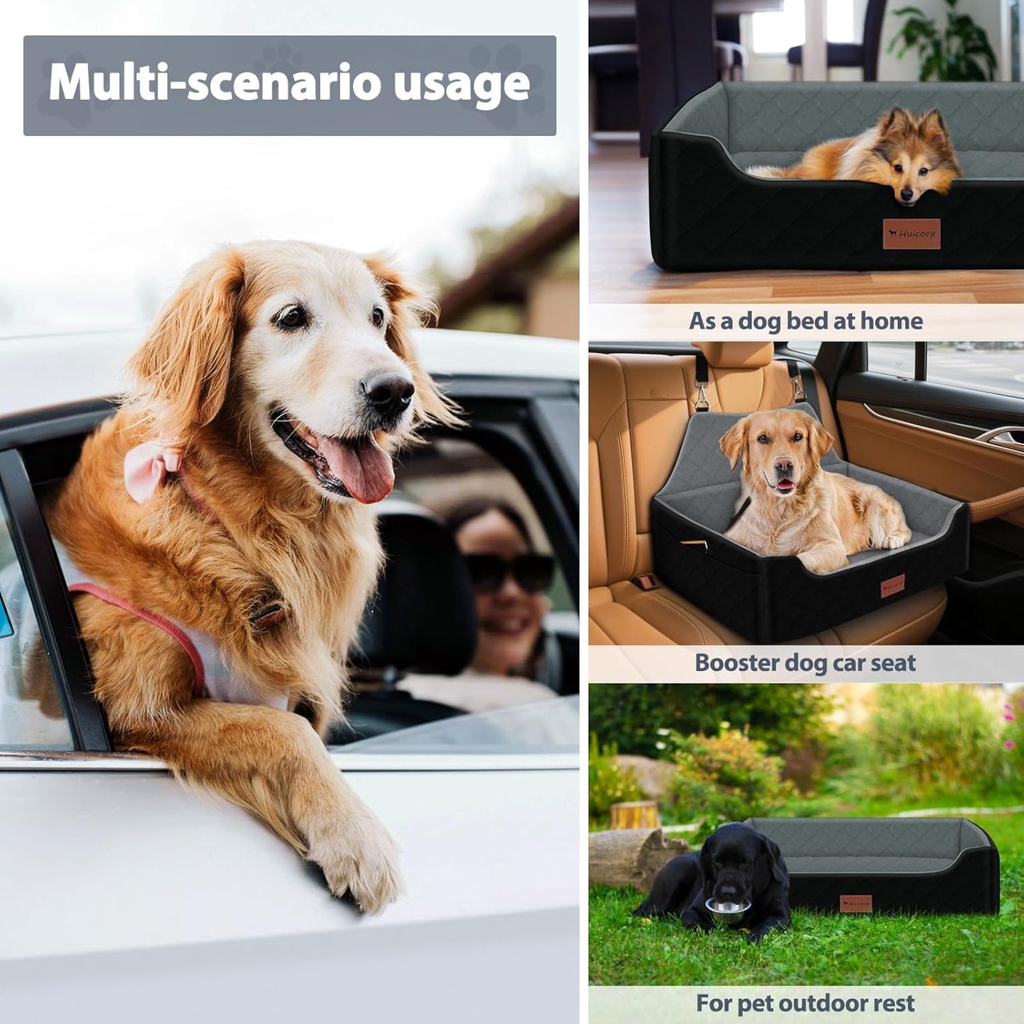 Dog Car Seat for Medium Large Dogs Under 55lbs, Detachable and Washable Dog Booster Seats with Thick Cushion, Pet Travel Bed for Car with Storage Pockets and 2 Safety Belts