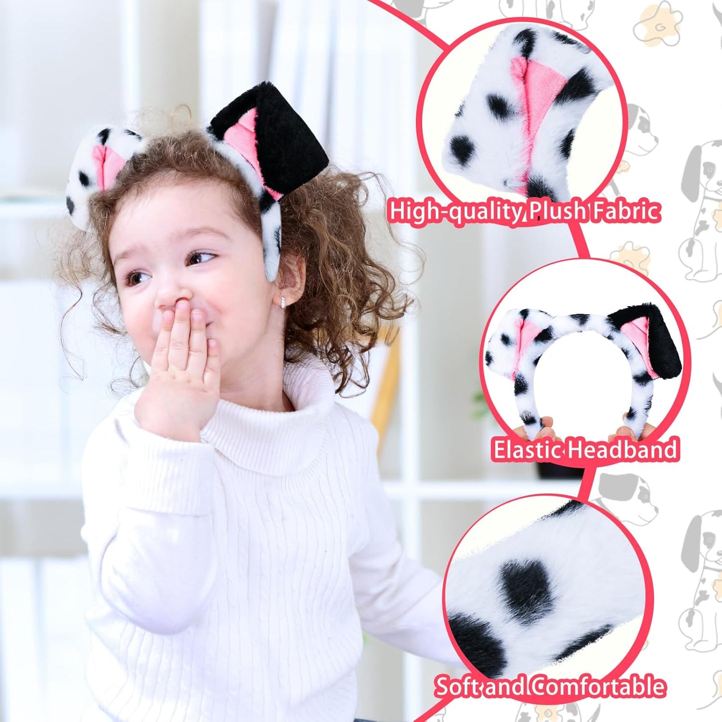 XEPST Animal Dalmatian Costume Kids Set, Dog Ears and Tail Set with Dalmatian Ears Headband and Dog Tail for Animal Costume Cosplay Birthday World Book Day Halloween Fancy Dress Party, Black and White