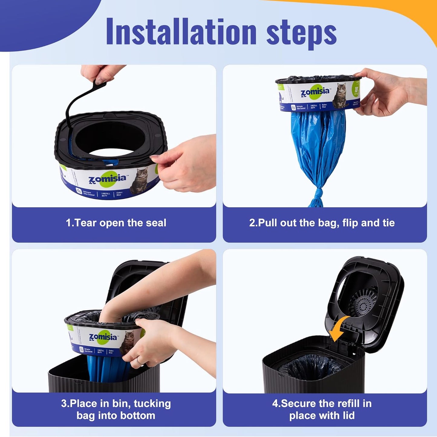 Cat Litter Disposal System for Odor Control, Hands-Free Patent Structure Litter Trash Can Kit & 4 Pack Cat Litter Refill Bags