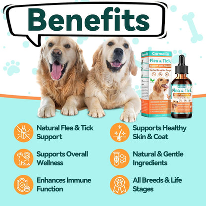 Flea and Tick Prevention for Dog, Natural Oral Flea & Tick Support Drops with Omega-3 for Puppy Pets - Supports Healthy Skin & Coat - Oral Supplement for All Breeds and Ages - Chicken