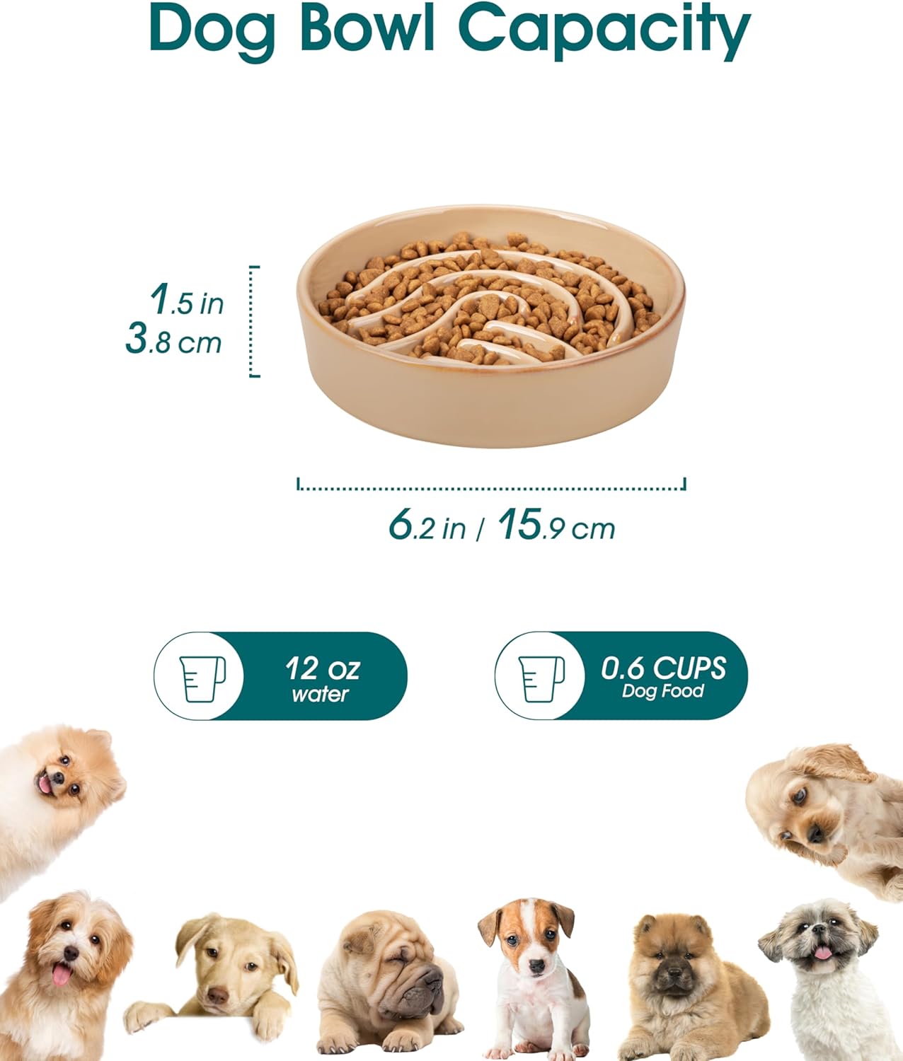 vancasso Slow Feeder Dog Bowl, 0.6 Cup Ceramic Slow Feeding Food Dish for Small Breed, Puzzle Dog Food Bowl for Fast Eater, Brown