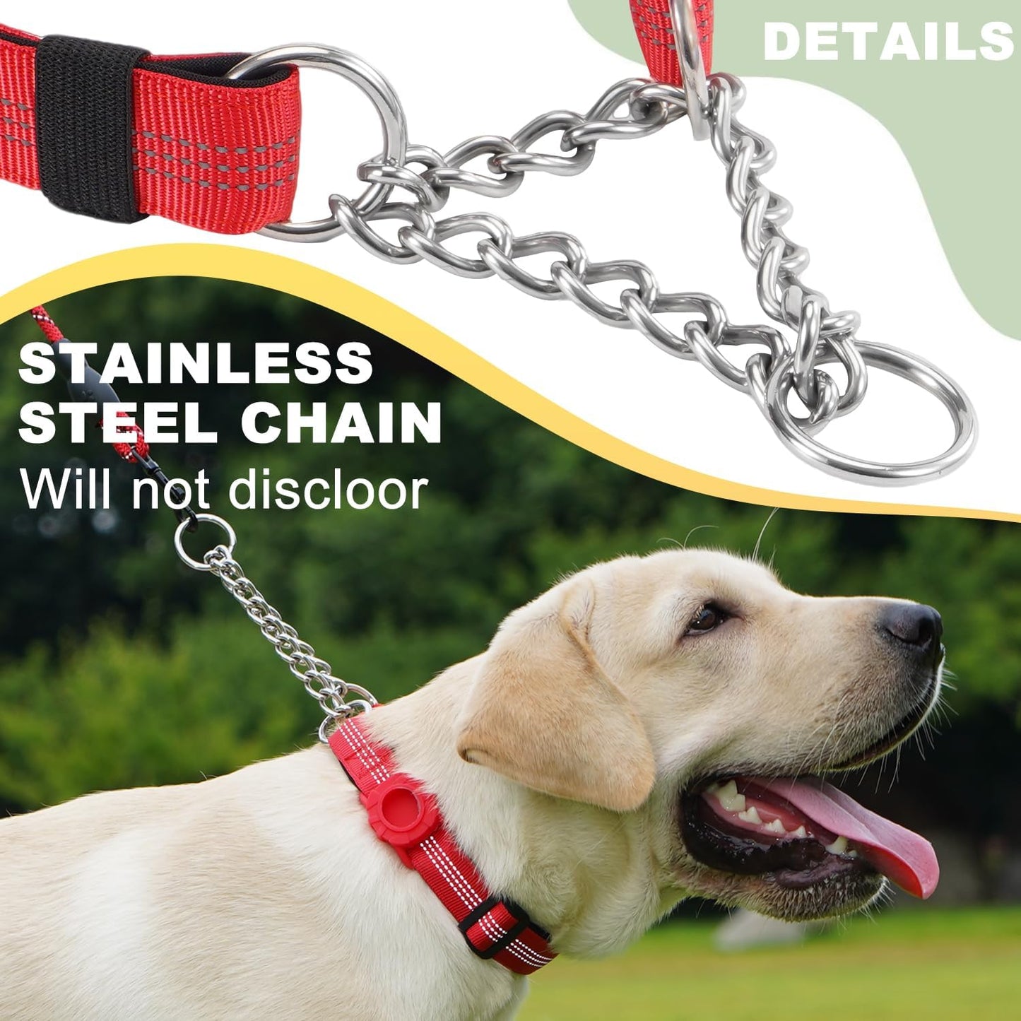 Cymiler Martingale Dog Collar with AirTag Holder, Reflective Nylon Training Collar, Stainless Steel Chain, Heavy Duty Buckle, Limited Slip Collars for Small Medium Large Dogs (Red, Large)