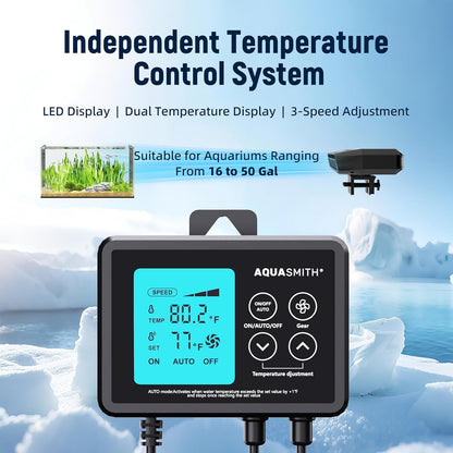 Aquarium Chiller Fan,Fish Tank Cooler with Temperature Control,Minimum Setting 59℉,Auto Start/Stop,Refrigeration Effect 3-7℉,3-Speed Modes,for Axolotl Seawater Freshwater Coral Grass Tank