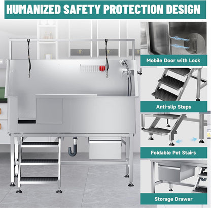 Dog Washing Station 46"" Dog Grooming Tub with Right Stair& Faucet, Dog Bathtub for Large,Medium,Small Pets, Stainless Steel Dog Bathing Station for Home (Left Door)