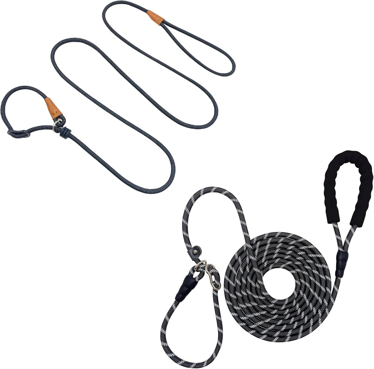 12ft Long Slip Leash with Padded Handle + 6ft Slip Lead Small Dog Training Leash, Black