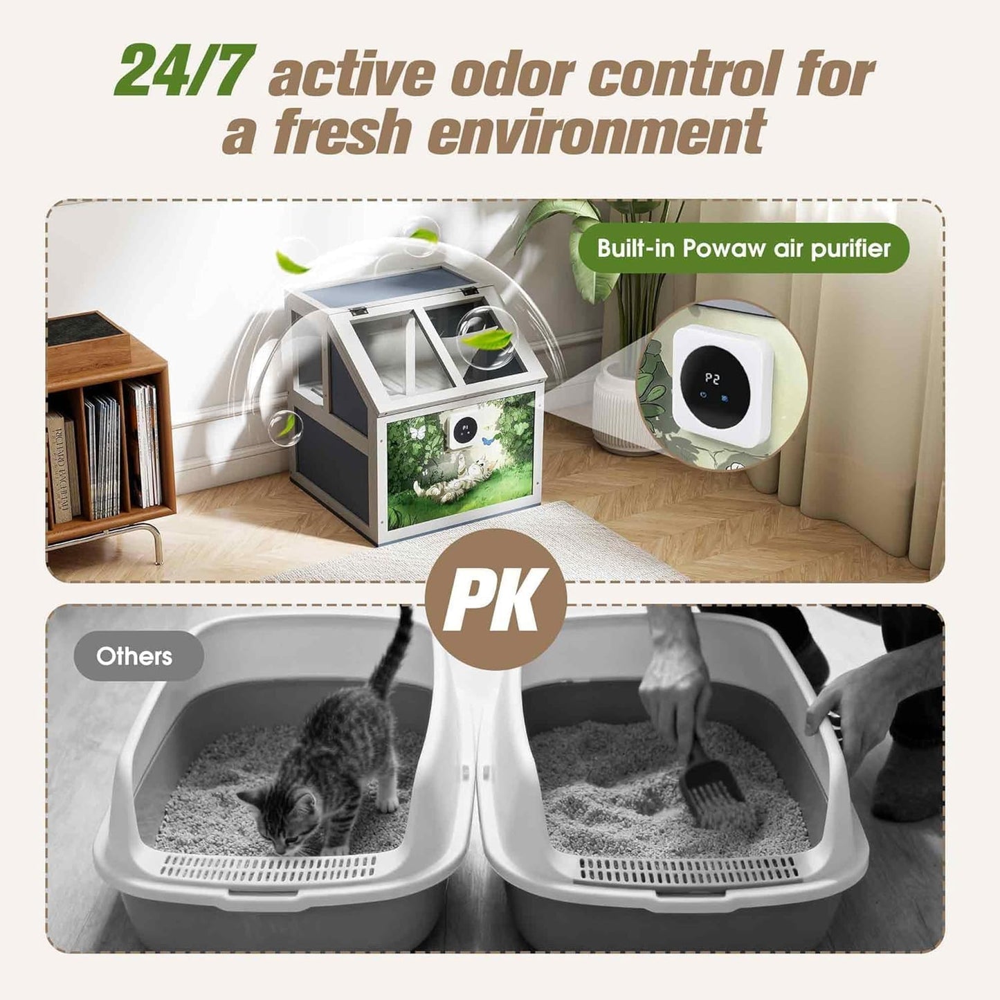 2-Tier Wooden Cat Litter Box Enclosure, Cat Toilet with Air Purifier, Openable Top, Litter Bags, Scoop, Low-Tracking, Odor Control, Kitty Litter House Cabinet Furniture, Gray