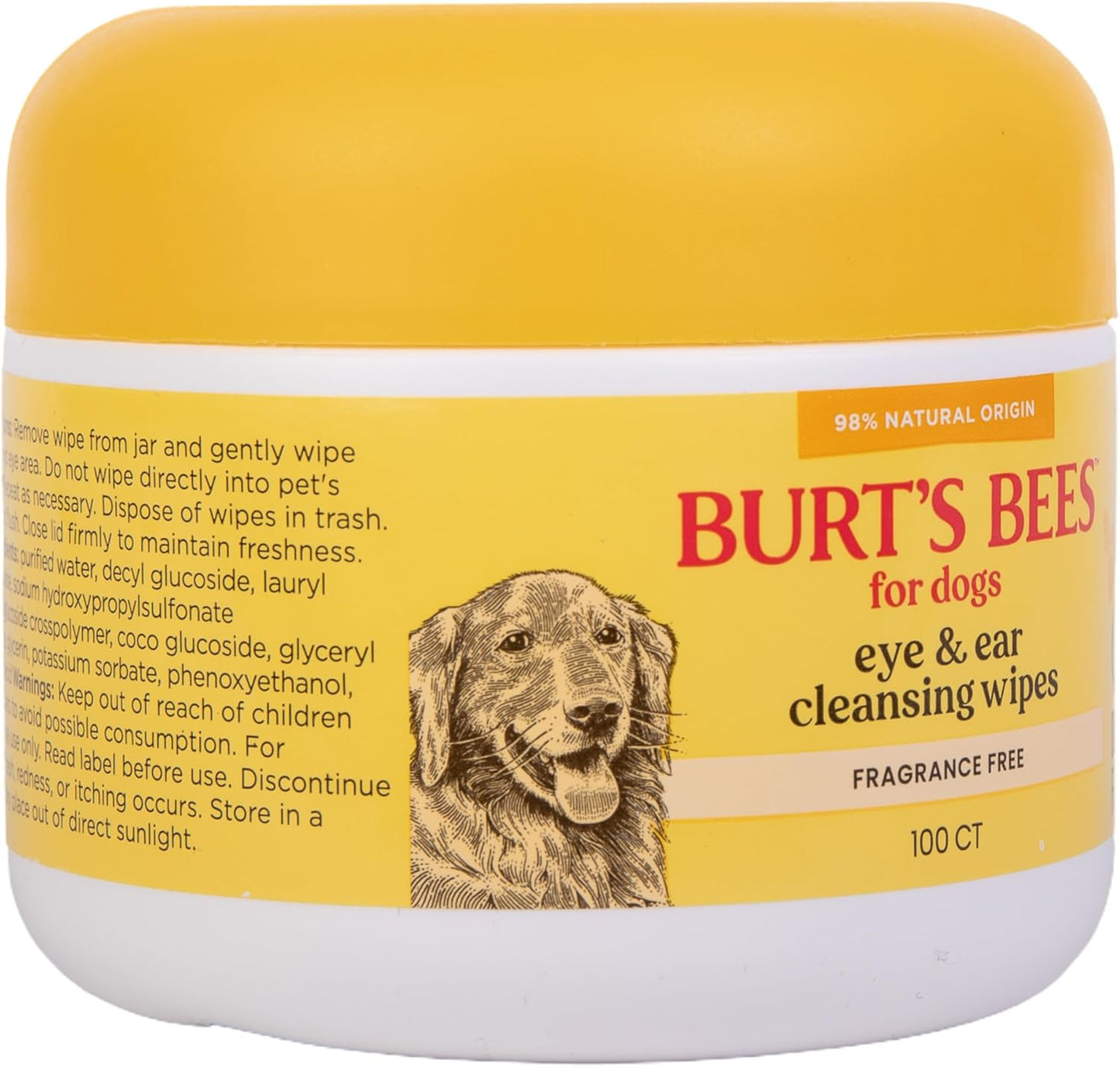 Burt's Bees for Pets Eye & Ear Cleansing Wipes for Dogs, Fragrance-Free, 98% Natural Origin Formulas, Gentle Spot Cleaning Sheets for Dog Eyes and Ears, 100 Count