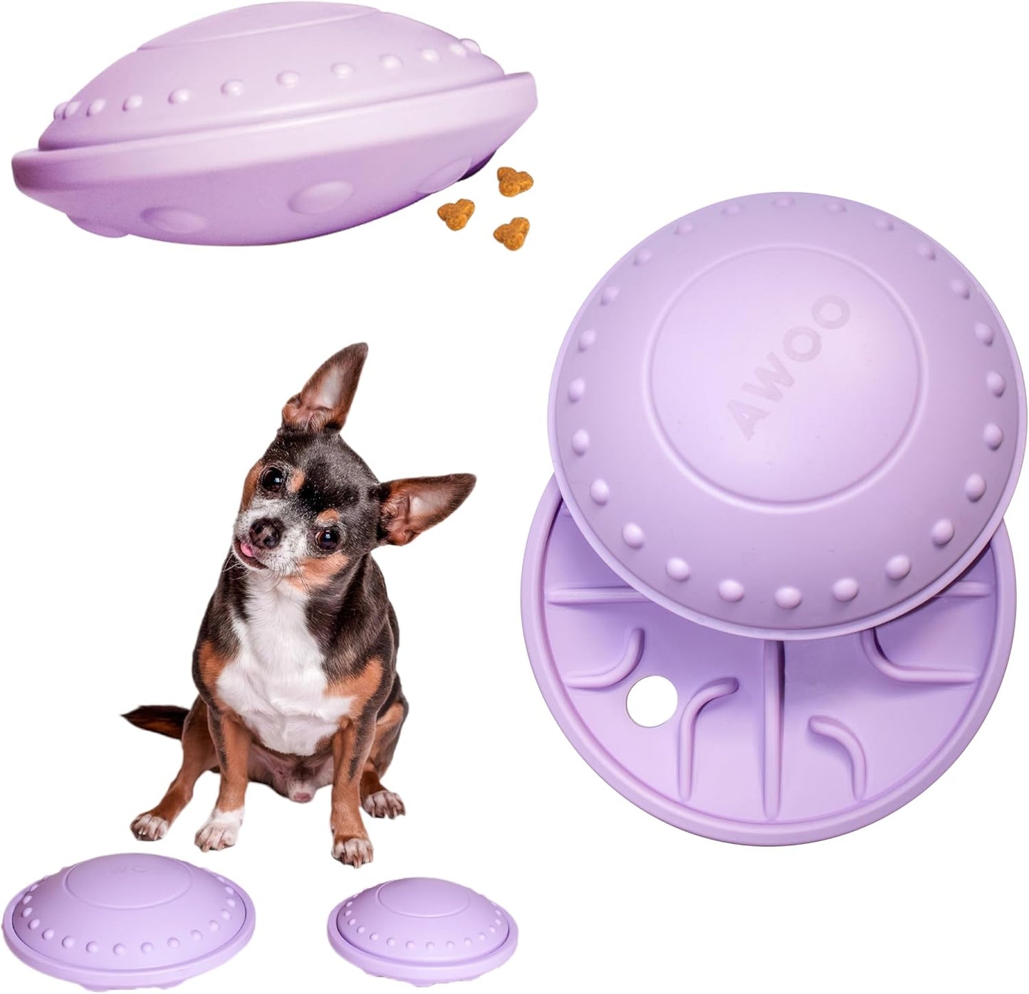 Awoo Flying Saucer Toy - 3-in-1 Silicone Dog Treat Puzzle, Lick Mat and Slow Feeder - for Wet and Dry Food - Dishwasher Safe Pet Toy - Enrichment Game for Dogs from 30 to 90 lbs - Large (Lavender)