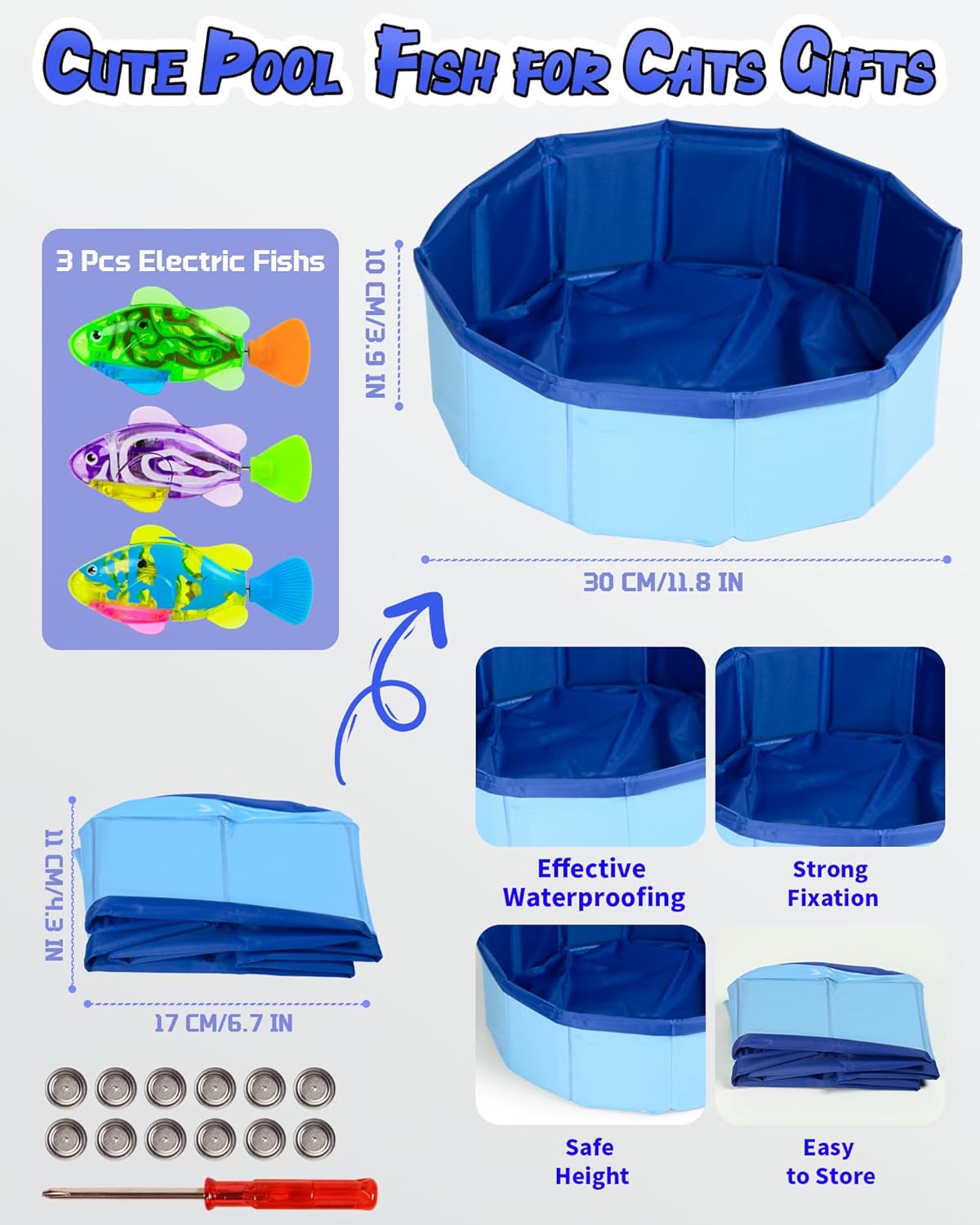 Cat Pool Toy with 3 LED Electric Fish, Robotic Swimming Fish with Flashing Lights-Foldable Cat Pool Proof Kitten Water Play Mat for Indoor Cats Fun Bath & Exercise fishToy 12” Toy （Blue）