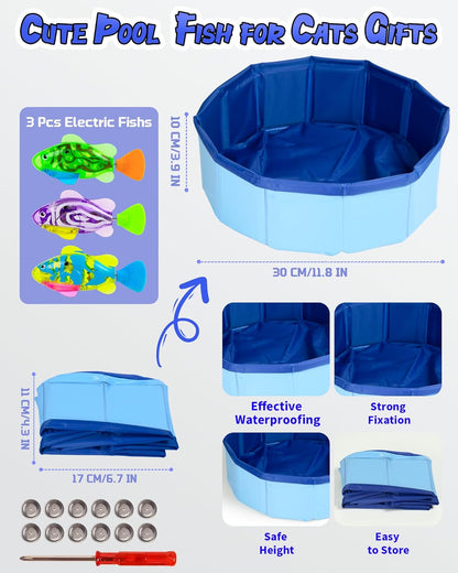 Cat Pool Toy with 3 LED Electric Fish, Robotic Swimming Fish with Flashing Lights-Foldable Cat Pool Proof Kitten Water Play Mat for Indoor Cats Fun Bath & Exercise fishToy 12” Toy （Blue）