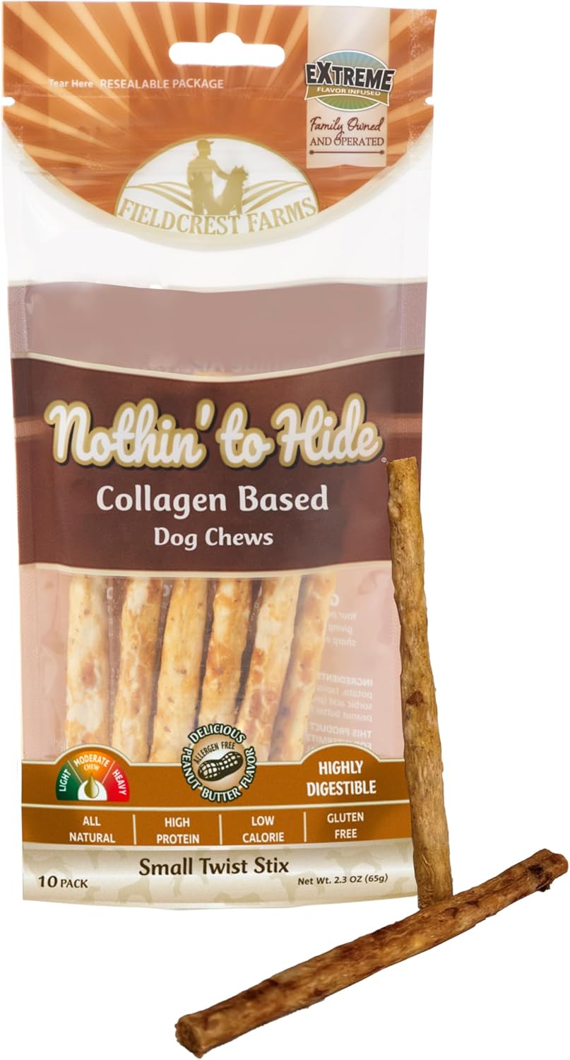 Fieldcrest Farms Nothin' to Hide Twist Stix Dog Chews - Natural Rawhide Alternative Treats for Dogs, Collagen Based Snack for Moderate Chewers Up to 15lbs, Allergen-Free Peanut Butter Flavor, 10 Pcs