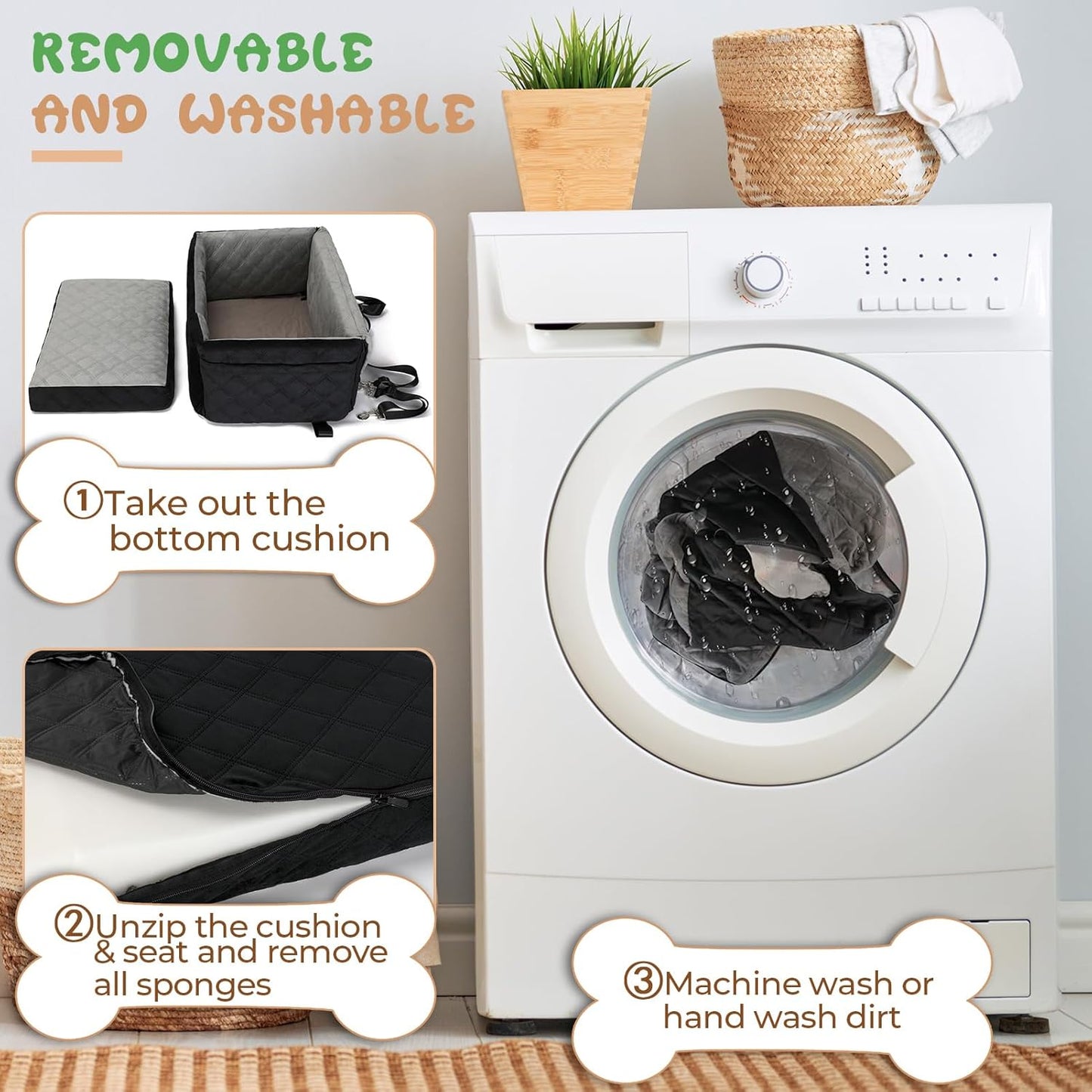 Dog Seat for Car Travel, Booster Car Seat for Large/Medium Dogs Under 55 lbs or 2 Small Pets, Detachable & Washable Dog Seat Bed with Safety Leashes & Thick Cushion (Black&Grey)