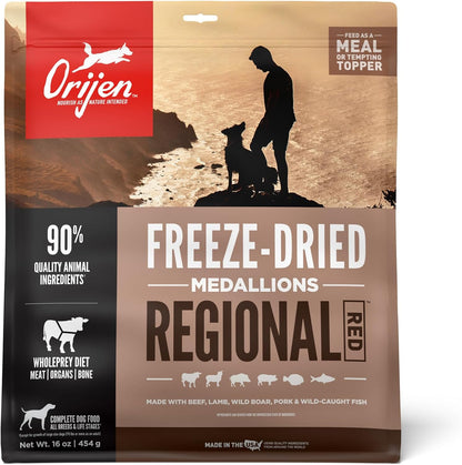 ORIJEN Grain Free High Protein Freeze Dried Dog Food & Topper Regional Red Recipe 16oz Bag