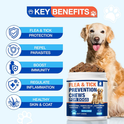 Flea and Tick Prevention for Dogs Chewables, Natural Dog Flea and Tick Treatment, Oral Flea Pills for Dogs Puppy, Skin & Coat Support Supplement