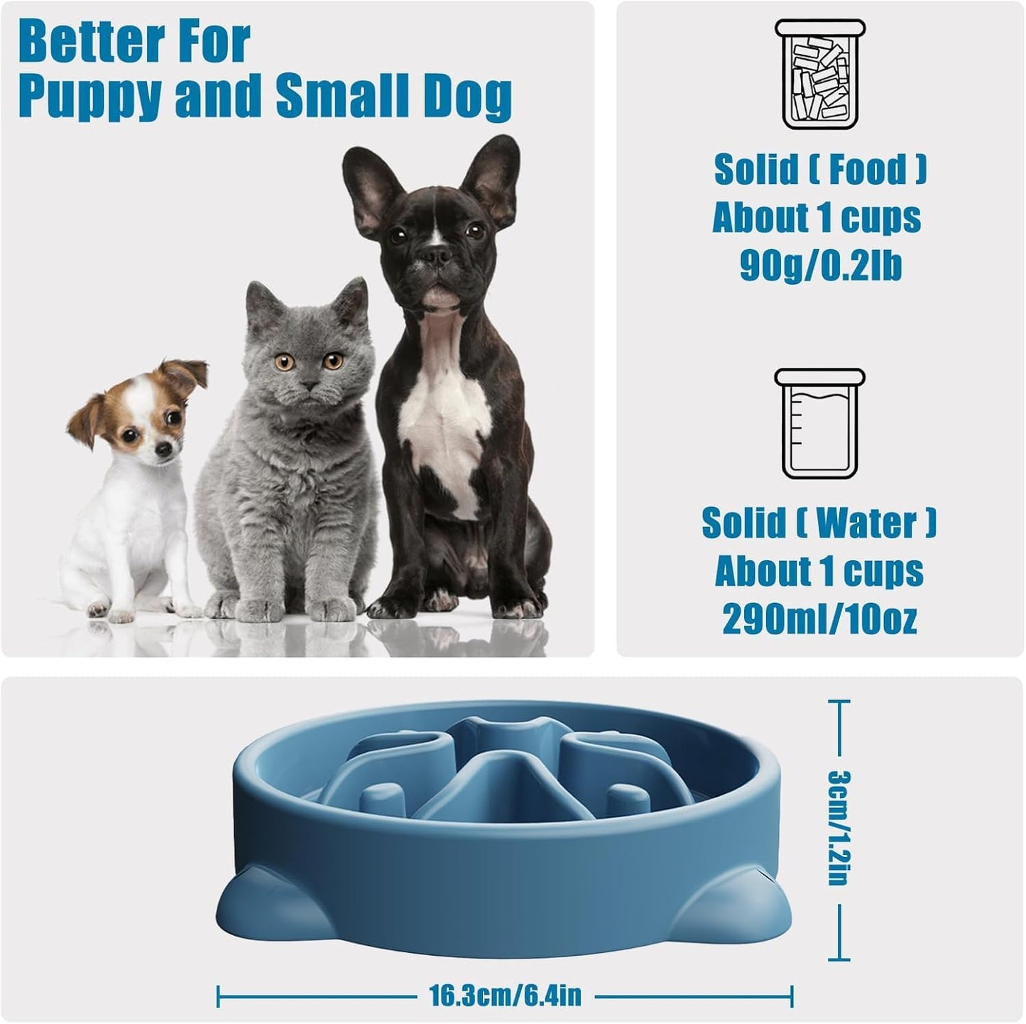 Slow Feeder Dog Bowls Small Breed, Dog Food Bowl Small Anti-Choking Bloat Stop Puzzle Healthy Eating Bowl (Blue, 1 Cup)