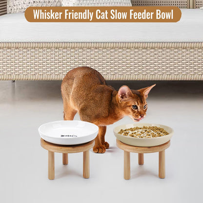 Shallow Elevated Cat Bowls with Bamboo Stand, 5.9 Inch Raised Slow Feeder Cat Bowl and Wide Ceramic Cats Bowls Whisker Friendly, 2 Pack Pet Dishes for Dry and Wet Food Dishwasher Safe