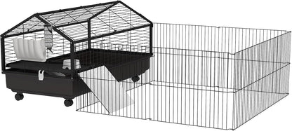 PawHut Small Animal Cage with Foldable Run Area, Rolling Bunny Cage, Guinea Pig Cage with Water Bottle, Water Bowl, and Ramps, 46.5"