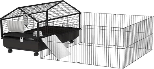 PawHut Small Animal Cage with Foldable Run Area, Rolling Bunny Cage, Guinea Pig Cage with Water Bottle, Water Bowl, and Ramps, 46.5"
