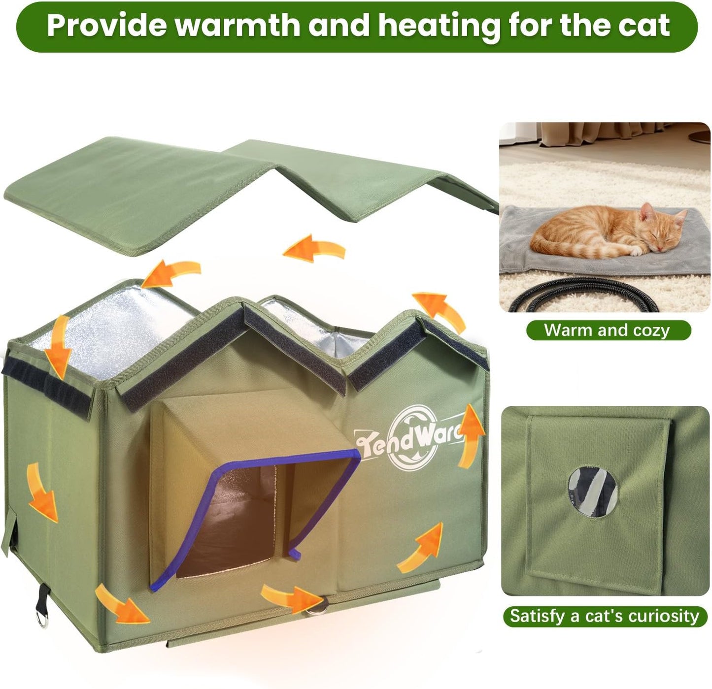 Outdoor Cat House Heated Cat House for Outside with Elevated Base Cat-Attracting Eave Design Feral Stray Shelter Weatherproof in Winter Garage Yard Porch
