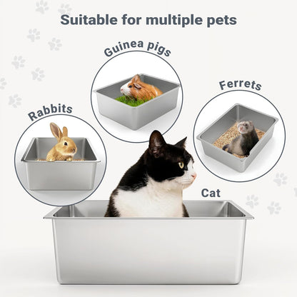 Kirecoo Stainless Steel Cat Litter Box - Metal High Sided Cat Pan, Large Stainless Steel Box, Indoor Litter Tray, Non Stick, No Smell, Easy to Clean, Pet Toilet Supplies for Kitten, Kitty, Rabbit
