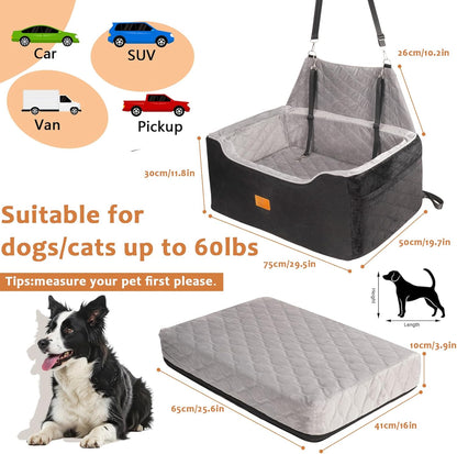 Elevated Dog Car Seat for Small/Medium Dog Booster Seat Up to 60Lbs or 2 Small Dogs Detachable & Washable with Safety Leashe Pet Sofa Bed with Thick Cushion for Travel with Storage Pocket