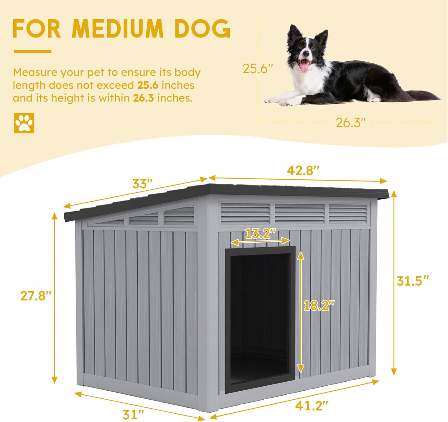 Fancyango Large Dog House for Indoor & Outdoor - Weatherproof & Removable Roof, Fits Small to Large Dogs (42.8" L x 33" W x 31.5" H) - Grey