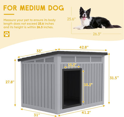 Fancyango Large Dog House for Indoor & Outdoor - Weatherproof & Removable Roof, Fits Small to Large Dogs (42.8" L x 33" W x 31.5" H) - Grey
