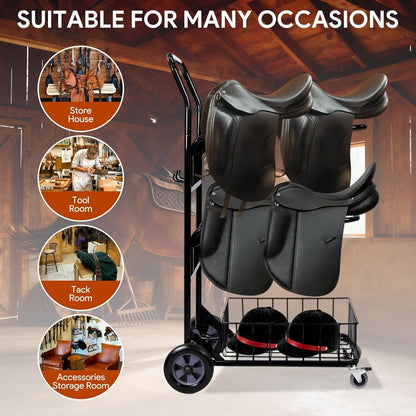 2 Tier Rolling Saddle Rack Cart with Basket,32" ×17",Foldable Horse Tack Cart with Wheels, Load 220 Lbs Capacity, Heavy Duty Horse Trailer Organizer, for Moving, Organize Tack