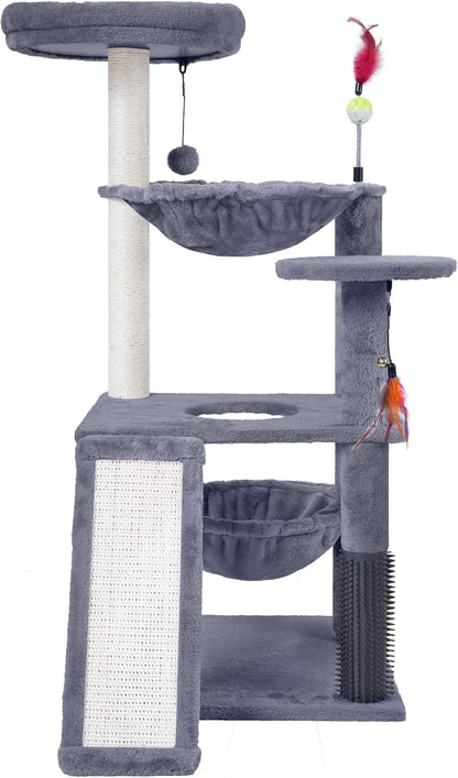 Multi-Level Cat Tree for Indoor Cats, Cat Tree Tower with Big Cat Hammock and Self-Grooming Brush, Cat Tower with Scratch Ladder, Indoor Climbing Activity Tower with Scratching Posts, Grey