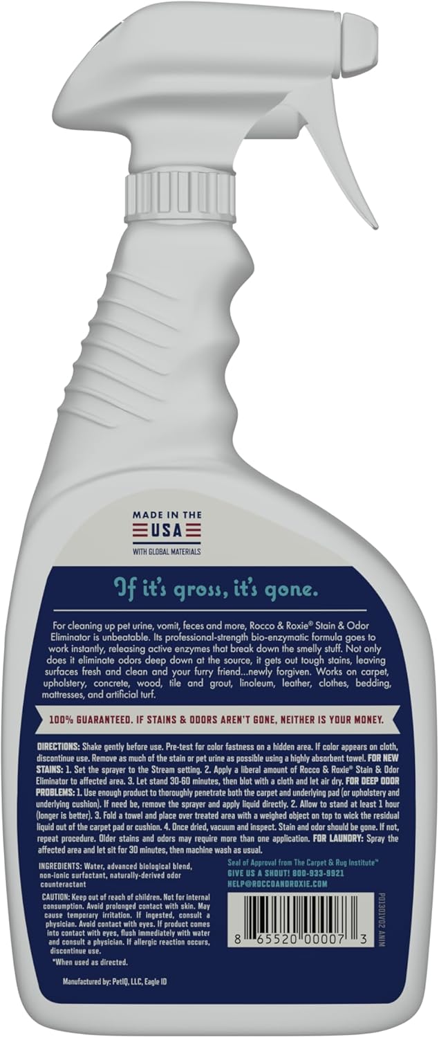 Rocco & Roxie Supply Co. Stain & Strong Odor Eliminator, Enzyme Cleaner, Pet Odor Eliminator for Home - Carpet Stain Remover for Cats & Dog Pee - Urine Destroyer - Carpet Cleaner Spray Clear, 32 Fl Oz