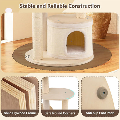 PETSITE 60 Inches Wooden Cat Tree, Multi-Level Modern Cat Tower with Sisal Scratching Posts, Double Condos, Padded Cozy Top Perch, Multiple Jumping Platforms, and Hanging Ball, Ideal for Indoor Cats