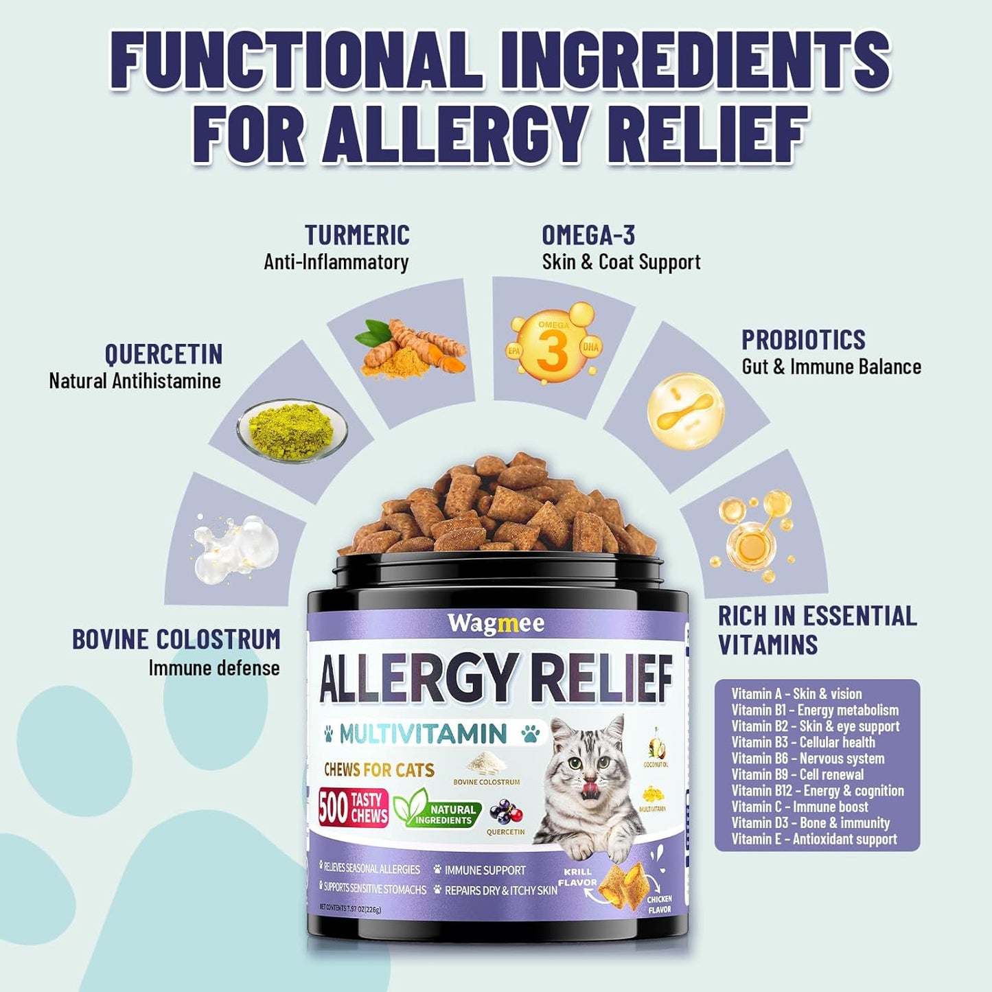 Cat Allergy Relief Chews – 500 Crunchy & Creamy Treats for All Breeds – Cat Itchy Skin & Seasonal Allergy Relief with Multivitamin and Omega-3 for Skin Health, Chicken & Krill Flavor